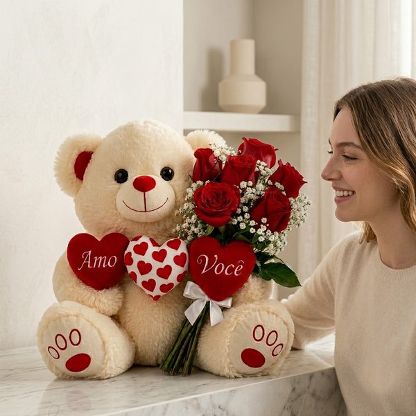 Urso de Pelúcia 3 Corações e Buquê de Rosas Vermelhas