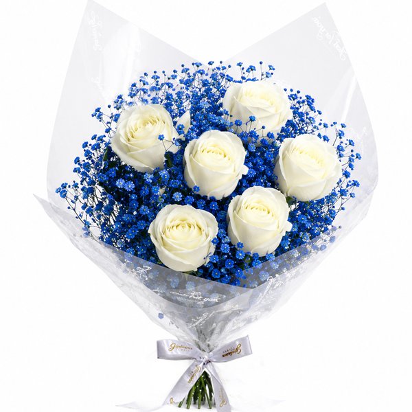 Buquê Safira com 6  Rosas Brancas