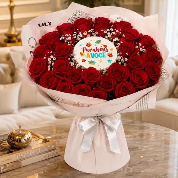 Buquê de Rosas Vermelhas e Bolo Parabéns á Você