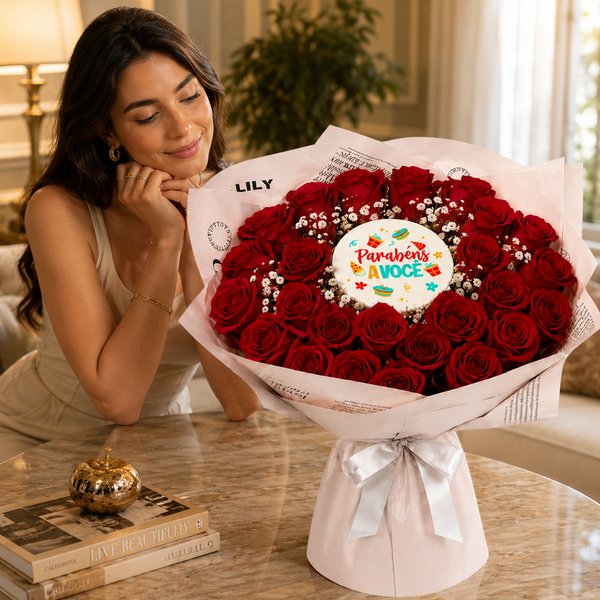 Buquê de Rosas Vermelhas e Bolo Parabéns á Você
