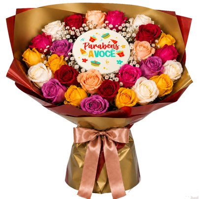 Buquê de Rosas Coloridas e Bolo Parabéns á Você