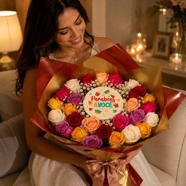 Buquê de Rosas Coloridas e Bolo Parabéns á Você