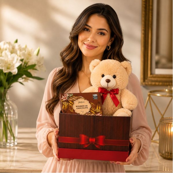 Urso Dudu e Chocolate Giuliana Flores na Caixa Laço