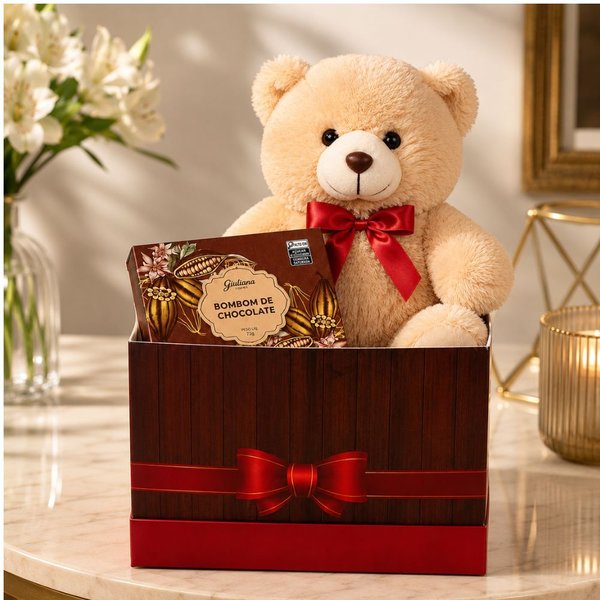 Urso Dudu e Chocolate Giuliana Flores na Caixa Laço
