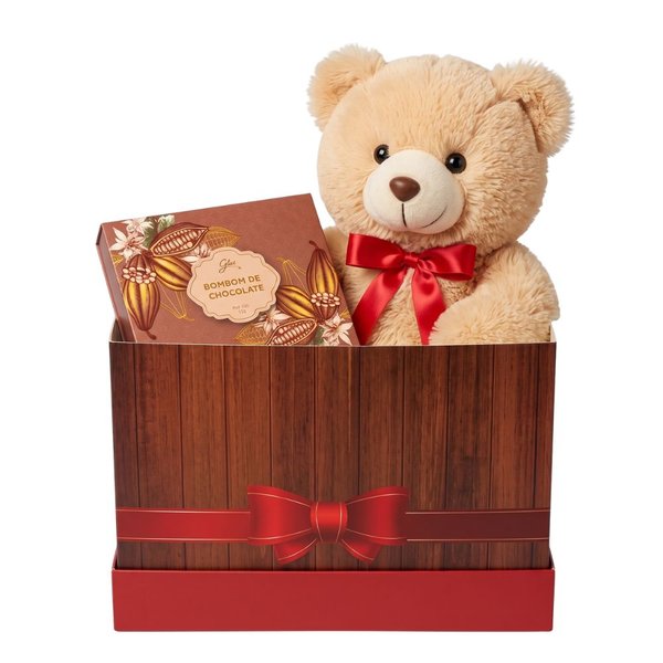 Urso Dudu e Chocolate Giuliana Flores na Caixa Laço