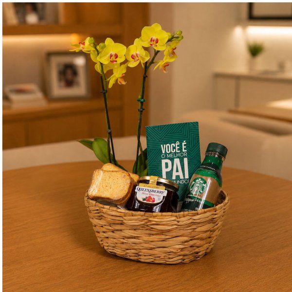 Cesta Aurora com Orquídea Amarela e Frappuccino Starbucks