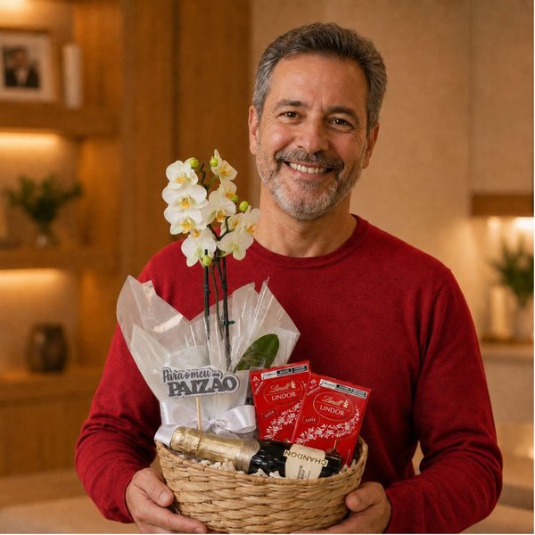 Cesta Aurora com Orquídea Branca e Lindt e Chandon Baby