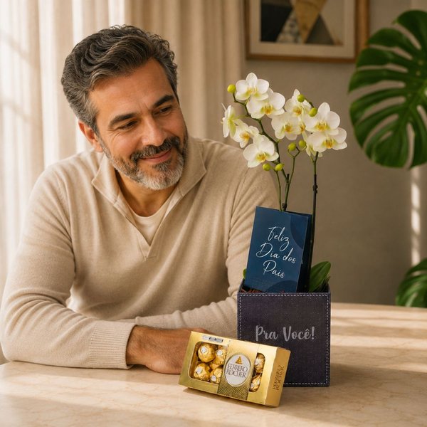Mini Orquídea Rara Branca com Ferrero Rocher Dia dos Pais