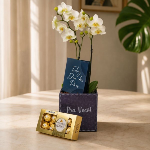 Mini Orquídea Rara Branca com Ferrero Rocher Dia dos Pais