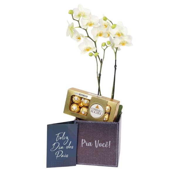 Mini Orquídea Rara Branca com Ferrero Rocher Dia dos Pais