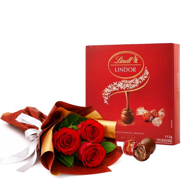 Buquê Trio de Rosas Vermelho e Caixa de Presente Lindt