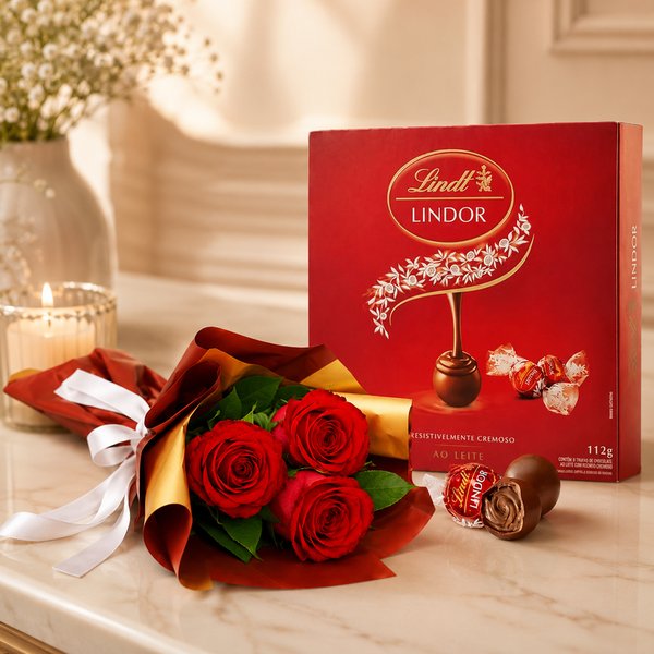 Buquê Trio de Rosas Vermelho e Caixa de Presente Lindt