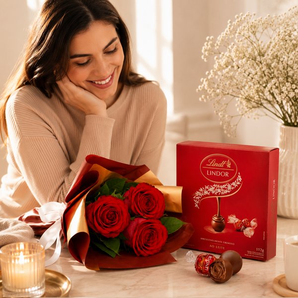 Buquê Trio de Rosas Vermelho e Caixa de Presente Lindt