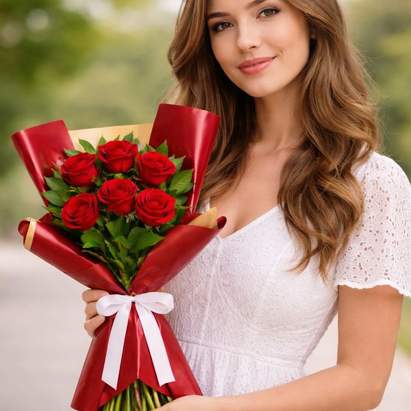 Buquê Serenidade com 6 Rosas Vermelhas