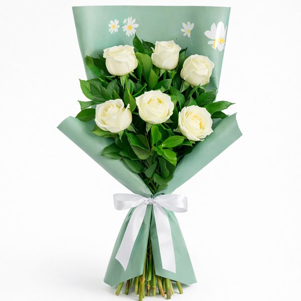 Buquê Serenidade com 6 Rosas Brancas