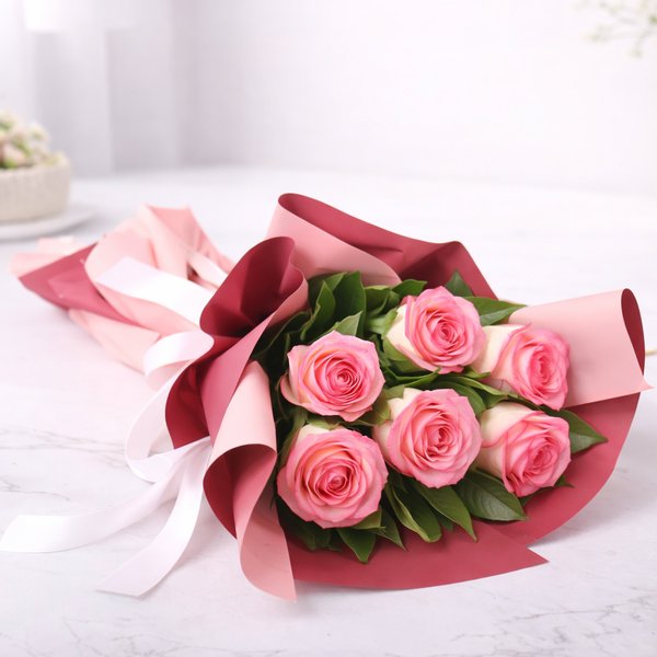 Buquê Serenidade com 6 Rosas Cor de Rosa