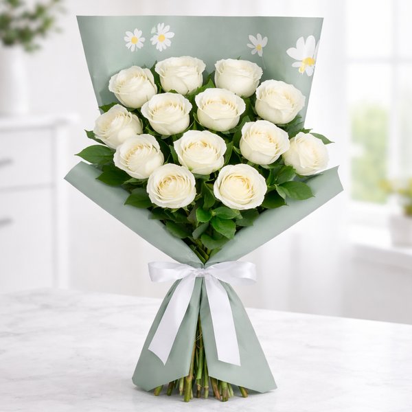 Buquê Serenidade com 12 Rosas Brancas