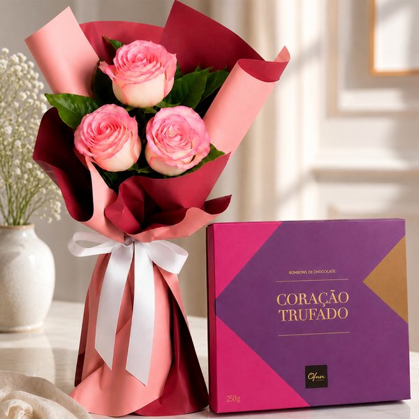 Buquê Trio de Rosas Cor de Rosa e Corações Trufados Ofner 210g