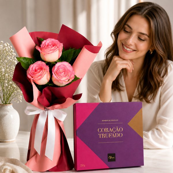 Buquê Trio de Rosas Cor de Rosa e Corações Trufados Ofner 210g