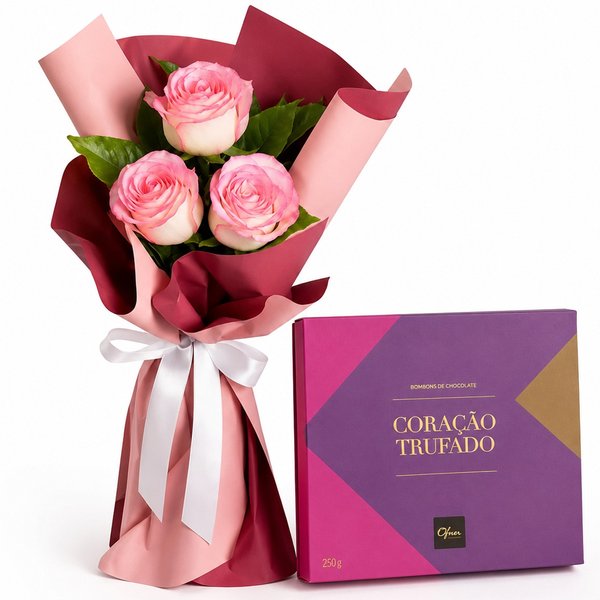 Buquê Trio de Rosas Cor de Rosa e Corações Trufados Ofner 210g
