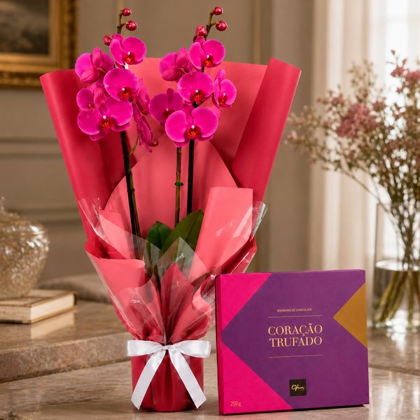 Majestosa Phalaenopsis Pink e Caixa Corações Trufados Ofner 210g