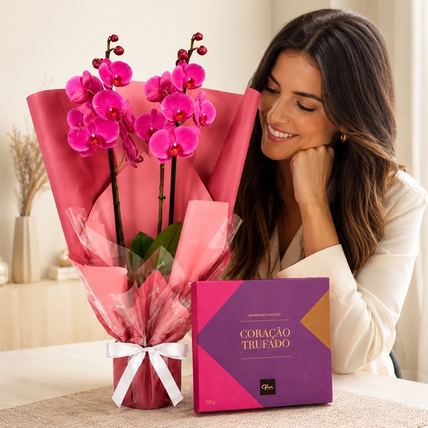 Majestosa Phalaenopsis Pink e Caixa Corações Trufados Ofner 210g