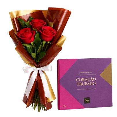 Buquê Trio de Rosas Vermelho e Corações Trufados Ofner 210g