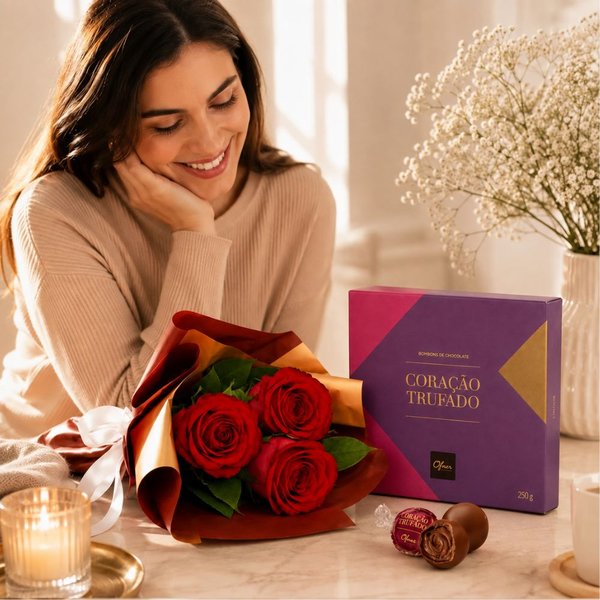 Buquê Trio de Rosas Vermelho e Corações Trufados Ofner 210g