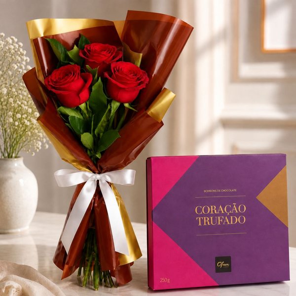Buquê Trio de Rosas Vermelho e Corações Trufados Ofner 210g