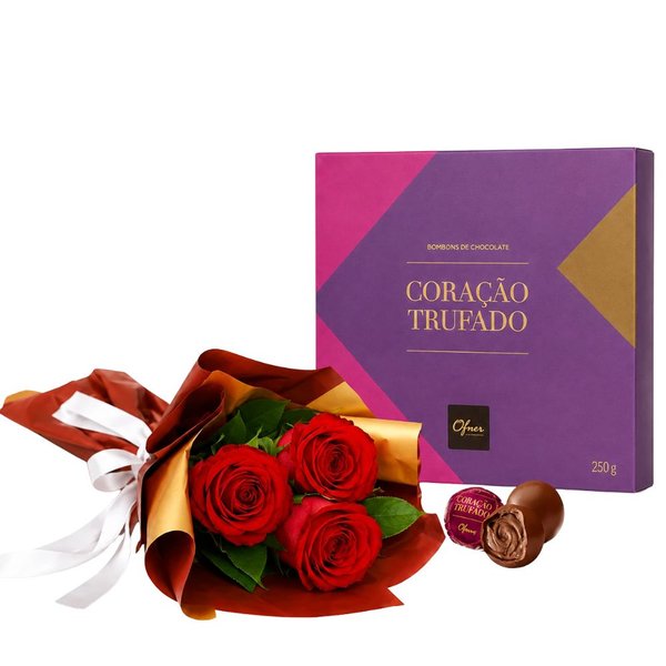 Buquê Trio de Rosas Vermelho e Corações Trufados Ofner 210g