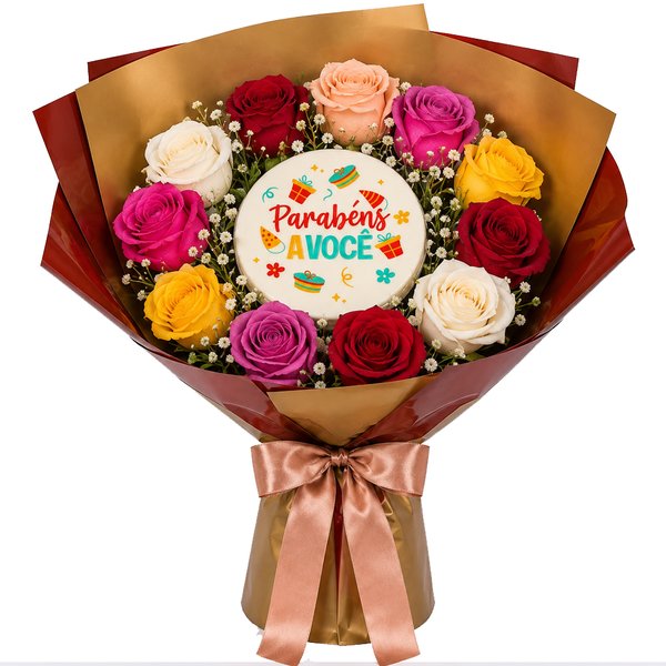 Buquê de 12 Rosas Coloridas e Bolo Parabéns á Você