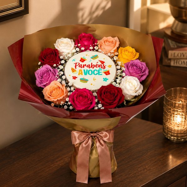 Buquê de 12 Rosas Coloridas e Bolo Parabéns á Você