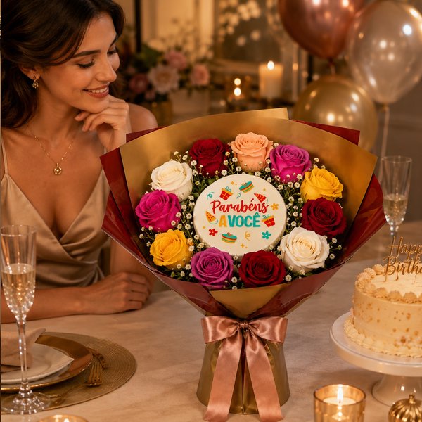 Buquê de 12 Rosas Coloridas e Bolo Parabéns á Você