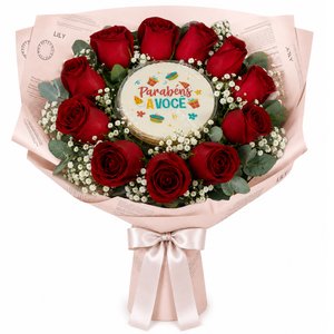Imagem de Buquê de 12 Rosas Vermelhas e Bolo Parabéns á Você