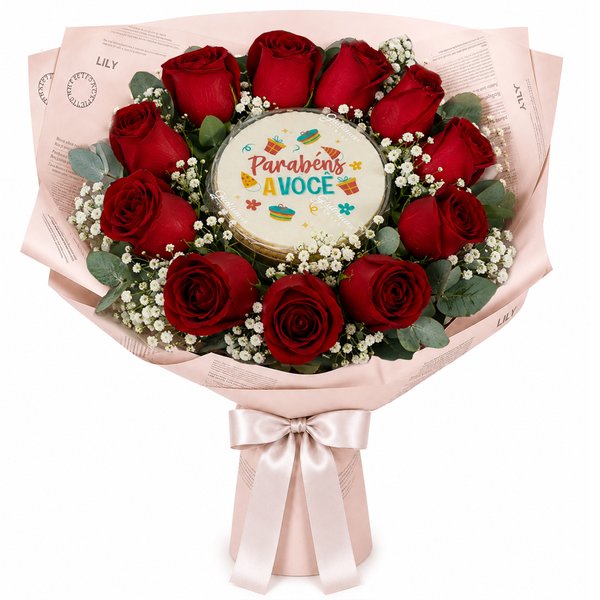 Buquê de 12 Rosas Vermelhas e Bolo Parabéns á Você