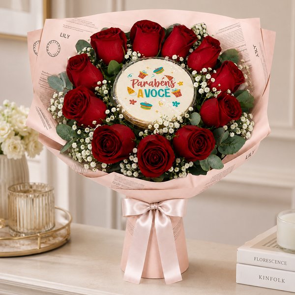 Buquê de 12 Rosas Vermelhas e Bolo Parabéns á Você