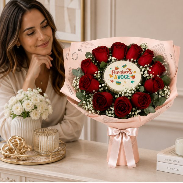 Buquê de 12 Rosas Vermelhas e Bolo Parabéns á Você
