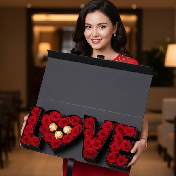 Caixa Love Luxo com Rosas Vermelhas e Ferrero Rocher