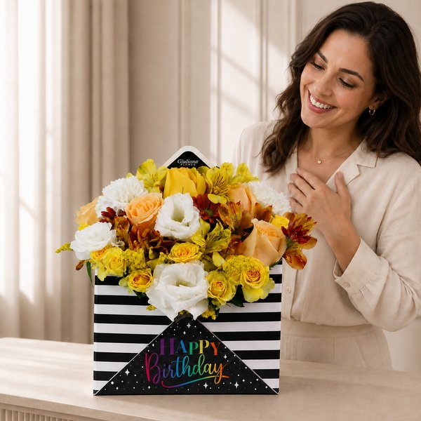 Flores Amarelas no Envelope Happy Birthday