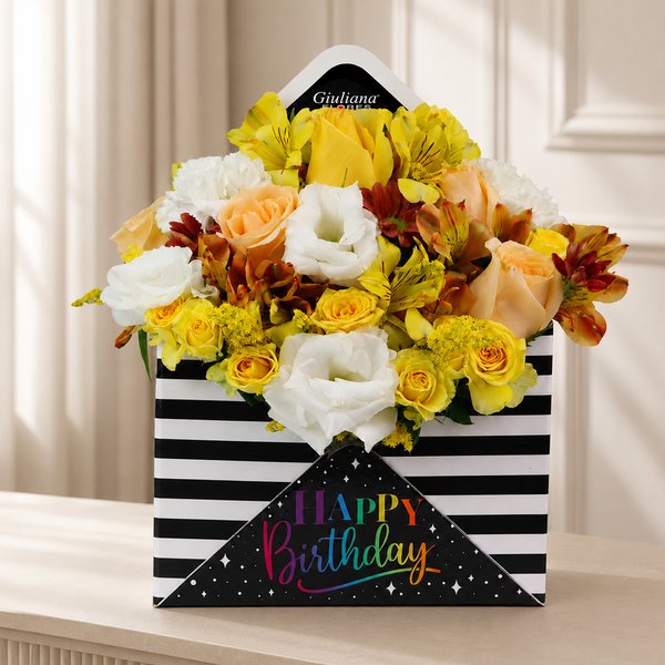 Flores Amarelas no Envelope Happy Birthday