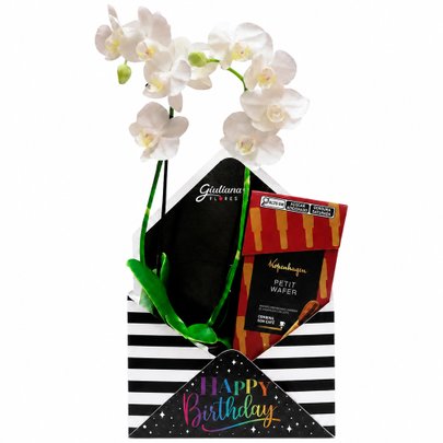 Orquídea e Chocolates Kopenhagen no Envelope Happy Birthday