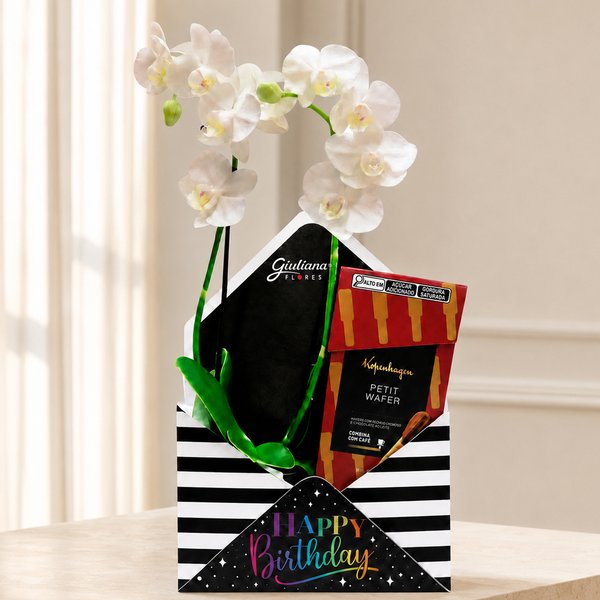 Orquídea e Chocolates Kopenhagen no Envelope Happy Birthday