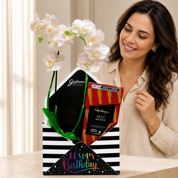 Orquídea e Chocolates Kopenhagen no Envelope Happy Birthday