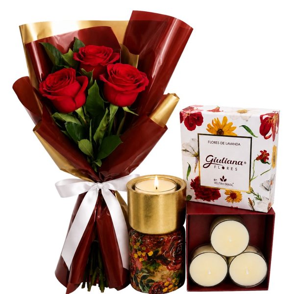 Buquê Trio de Rosas e Castiçal e Mini Vela C/4 Encontro Floral