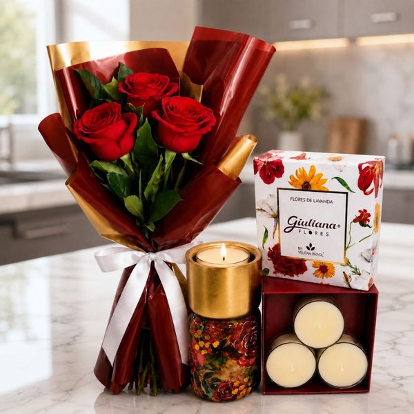 Buquê Trio de Rosas e Castiçal e Mini Vela C/4 Encontro Floral
