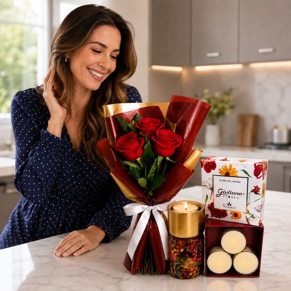 Buquê Trio de Rosas e Castiçal e Mini Vela C/4 Encontro Floral