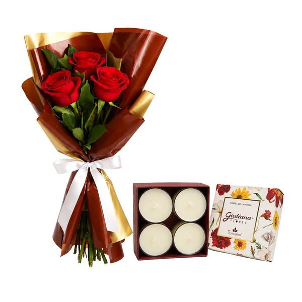 Buquê Trio de Rosas Vermelho e Mini Velas c/ 4 - Encontro Floral