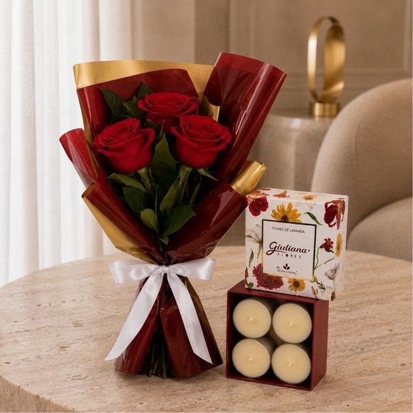 Buquê Trio de Rosas Vermelho e Mini Velas c/ 4 - Encontro Floral