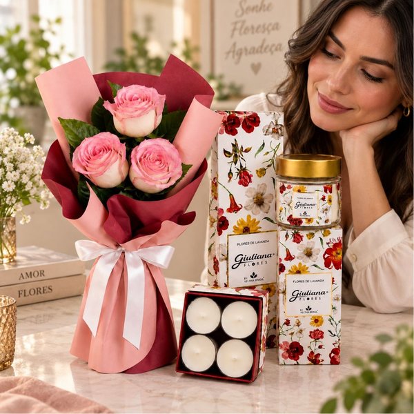 Buquê Trio de Rosas Cor de Rosa e Coleção Encontro Floral