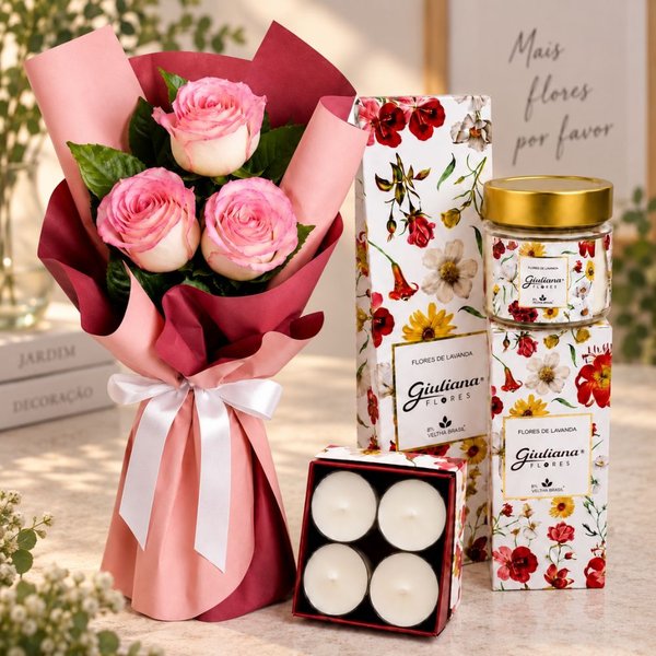 Buquê Trio de Rosas Cor de Rosa e Coleção Encontro Floral